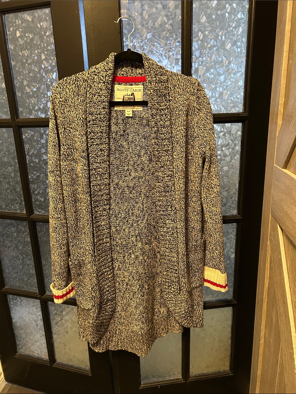 Roots Marled Open Cardigan in Black, White & Red Trim